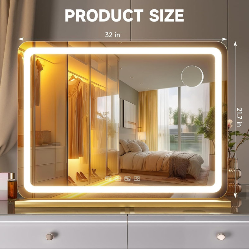 32" X 21.7" LED Lighted Makeup Vanity Mirror With Bluetooth Speaker, Dimmable 3 Color Modes, USB Charging Port, Wall Mounted Or Tabletop, Round Gold
