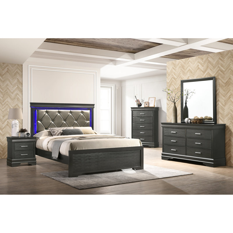 Lit gris moderne au design épuré et cadre de tête de lit confortable et luxueux