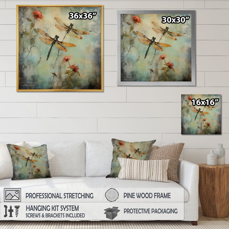 Vintage Painting Of Dragonfly Flying - Dragonfly Wall Art, Wrapped Canvas, 24" H x 24" W, No Frame