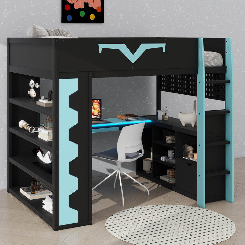 Lit mezzanine pleine échelle Pro-Gamer avec bureau intégré, configuration à DEL RVB, prise de courant, grande bibliothèque, panneau perforé, plateau à clavier et tiroir