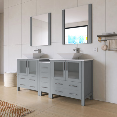 Ensemble de meuble-lavabo double 72 po avec plateau en céramique et miroir Bennet | Structure en bois massif, portes à fermeture en douceur, tiroirs pleine extension et plomberie en U