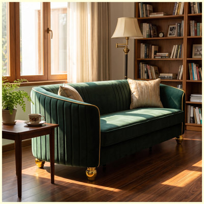 Sofa Couch Velvet Upholstered Tufted Couch, Green for Living Room, Bedroom, Apartment
