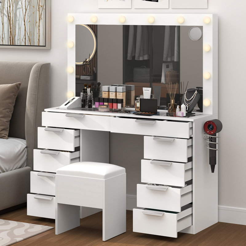 Makeup Vanity With 10 Drawers, White
