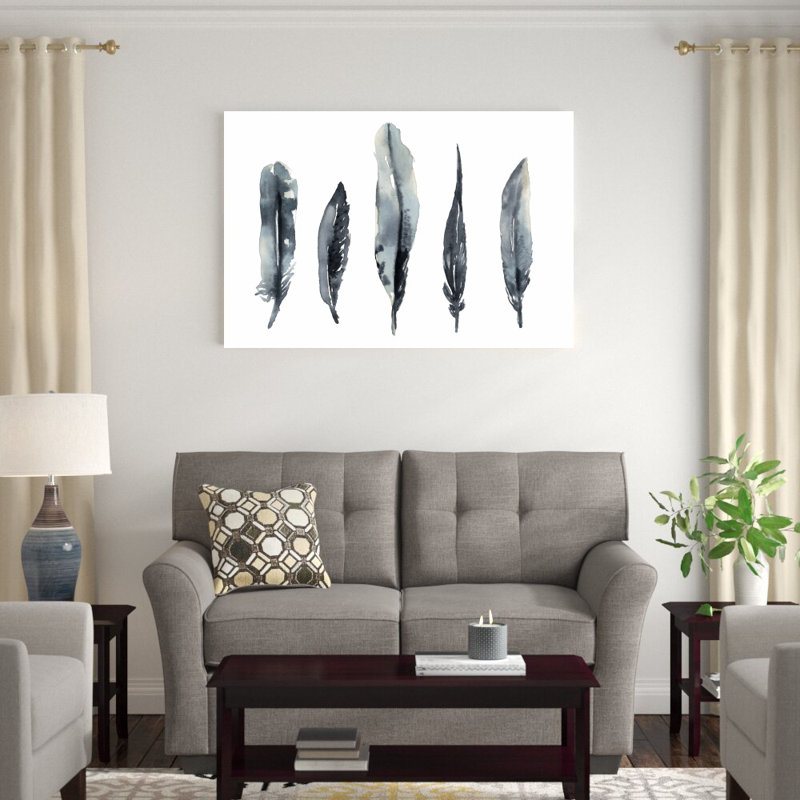 «Indigo Feathers I» par Jennifer Goldberger - peinture sur toile tendue, H 32 po x l 48 po