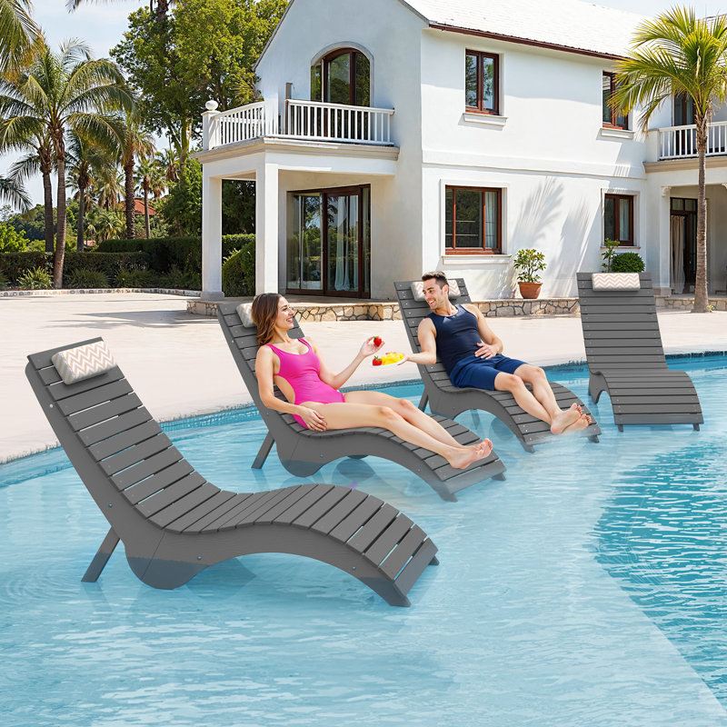 Aquawave Ergonomic In-Pool and Patio Chaise Lounges with Woodgrain Design and Anti-Drift Base (Set of 4), Neutral Gray