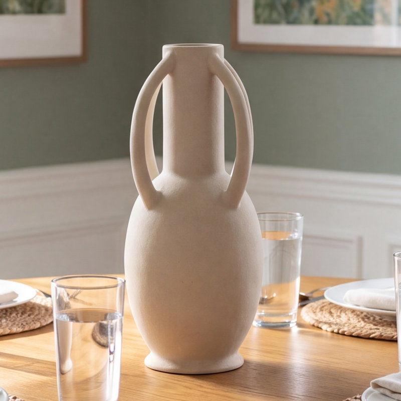 Ceramic Textured Decorative Vase with 4 Handles, Cream, 13.95" H x 13.95" W x 13.95" D