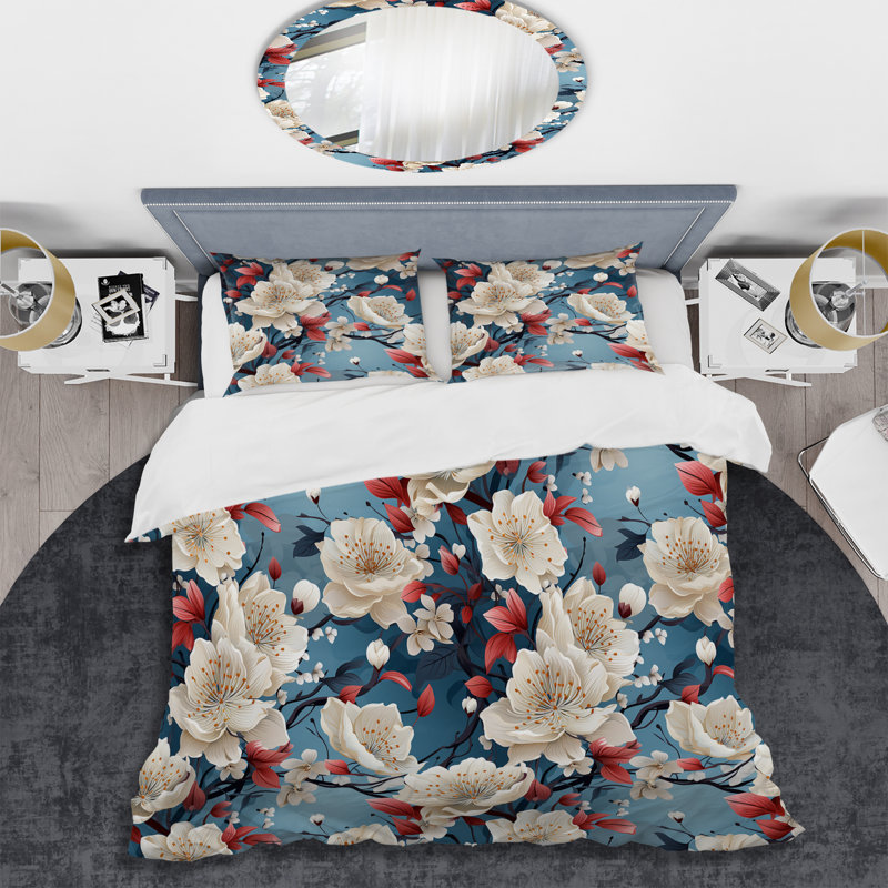 Ensemble de housse de couette beige et bleu Tranquility, Housse de couette simple + 1 taie décorative stan
