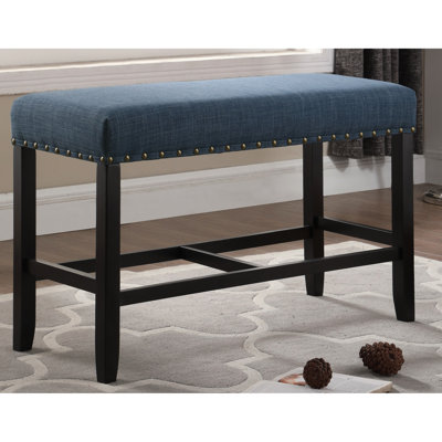 Banc de salle à manger à hauteur de comptoir avec revêtement en tissu bleu et pieds rembourrés en bois massif