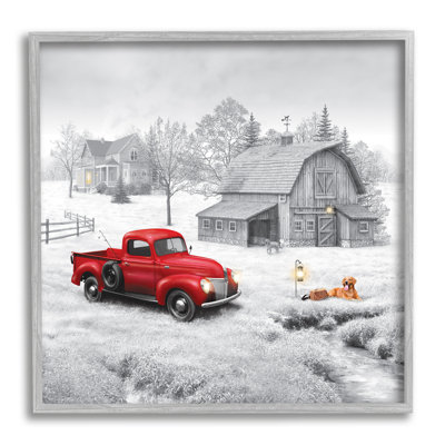 «Red Truck At Barn» encadré sur bois par Michael Shelton, impression