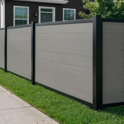 Edgewood Privacy Fence Panel, Composite Fence Kit With Aluminum Frame, Woodgrain Boards, No-Dig Install, UV Resistant Outdoor Fence For Backyard Patio Or Pool