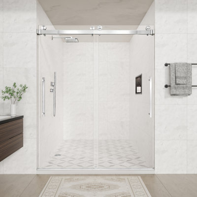 Porte de douche coulissante double sans cadre, verre trempé transparent de 1/4 po