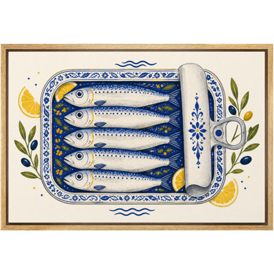 Bordure de sardine côtière avec charme de cuisine citron vert olive et humeur méditerranéenne, reproduction d'art sur toile encadrée dans la chambre principale