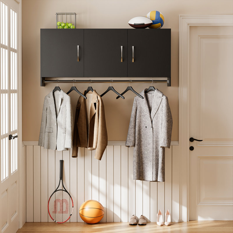 3-Door Wall Cabinet with Hanging Rod and Adjustable Shelf, Black