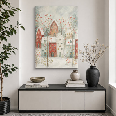 Whimsical Snowy Village with Red Houses and Berry Trees Artwork, Living Room Pictures, Framed Canvas Giclee Print Wall Art