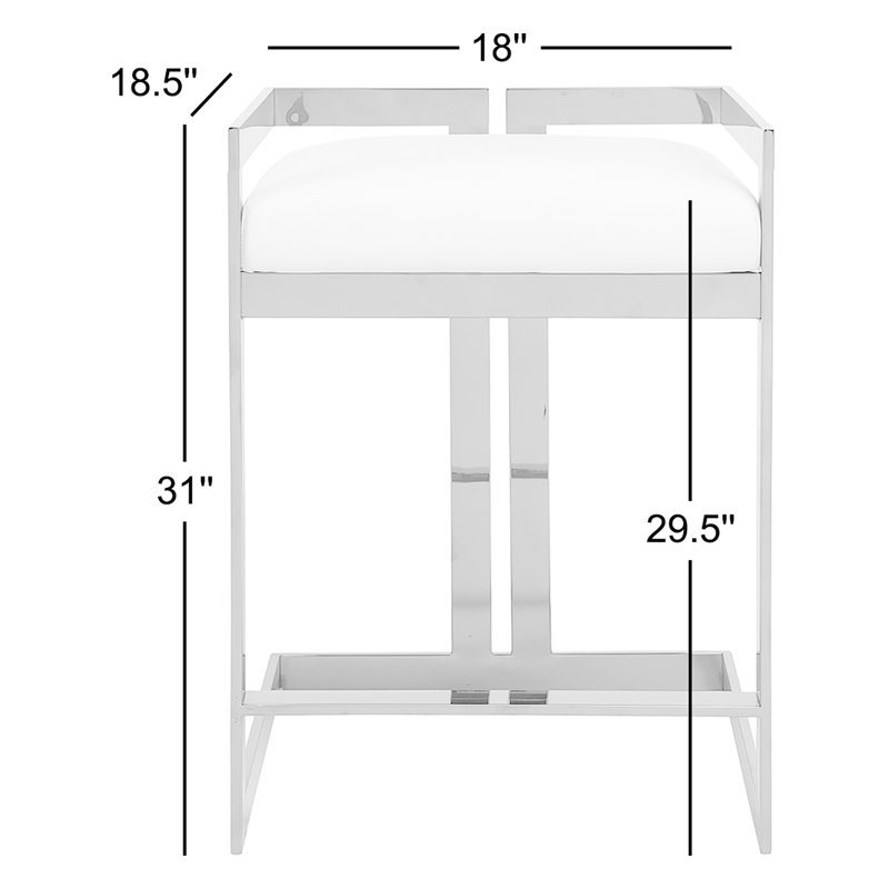 Upholstered Counter Stool, Black Genuine Leather, Silver