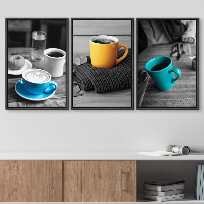 Décoration murale moderne de couleur tasses partielles sur table noir et blanc, H 24 po x l 48 po, Cadre flottant noir