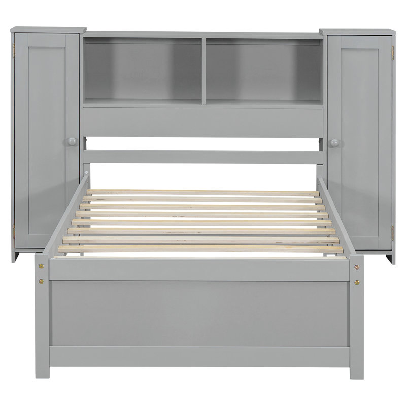 Lit plateforme avec tête de lit et casiers de rangement, Gris, Lit simple