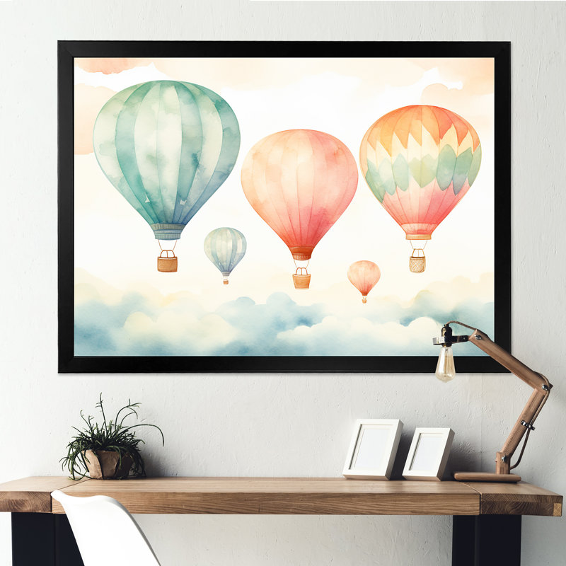 Vert et rouge, aquarelle, montgolfière Horizon I - montgolfière, art mural, Cadre d'angle fermé noir