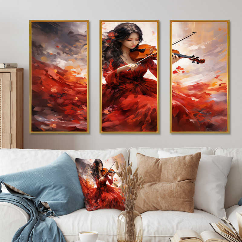 Violon Japanese Elegance I - Ensemble de décoration murale musique, Cadre flottant doré, H 28 po x l 36 po x P 1 po