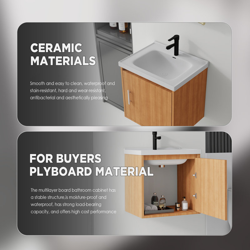 Meuble-lavabo suspendu de 50 cm avec lavabo encastré en céramique, meuble en contreplaqué, porte à fermeture douce, finition noyer
