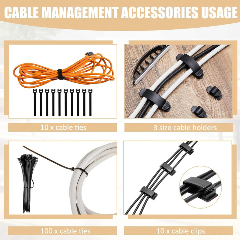 3 Pcs 3 Size Wooden Cable Box Organizer Set With 130 Pcs Cable Management Kit, Desk Cord Hider Cord Holder To Hide Wires Power Strips