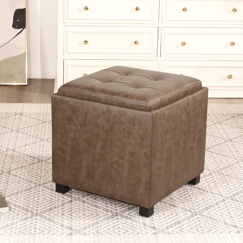 Square Faux Leather Storage Ottoman with Reversible Tray, Light Brown