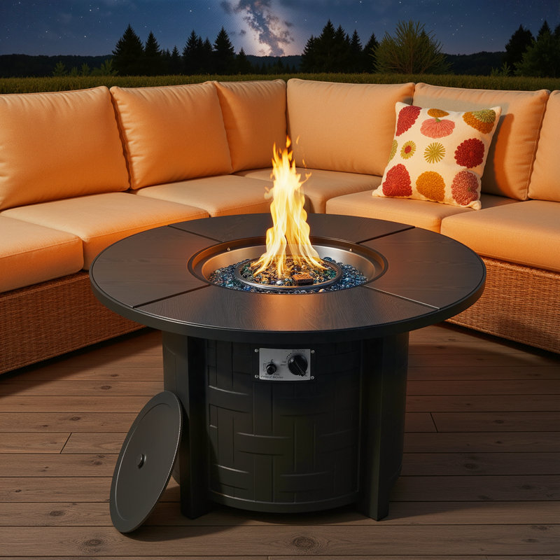 42" Round Propane Fire Pit Table, 50,000 Btu Outdoor Auto-ignition Gas Firepit With Removable Lid & Waterproof Cover, Glass Decoration