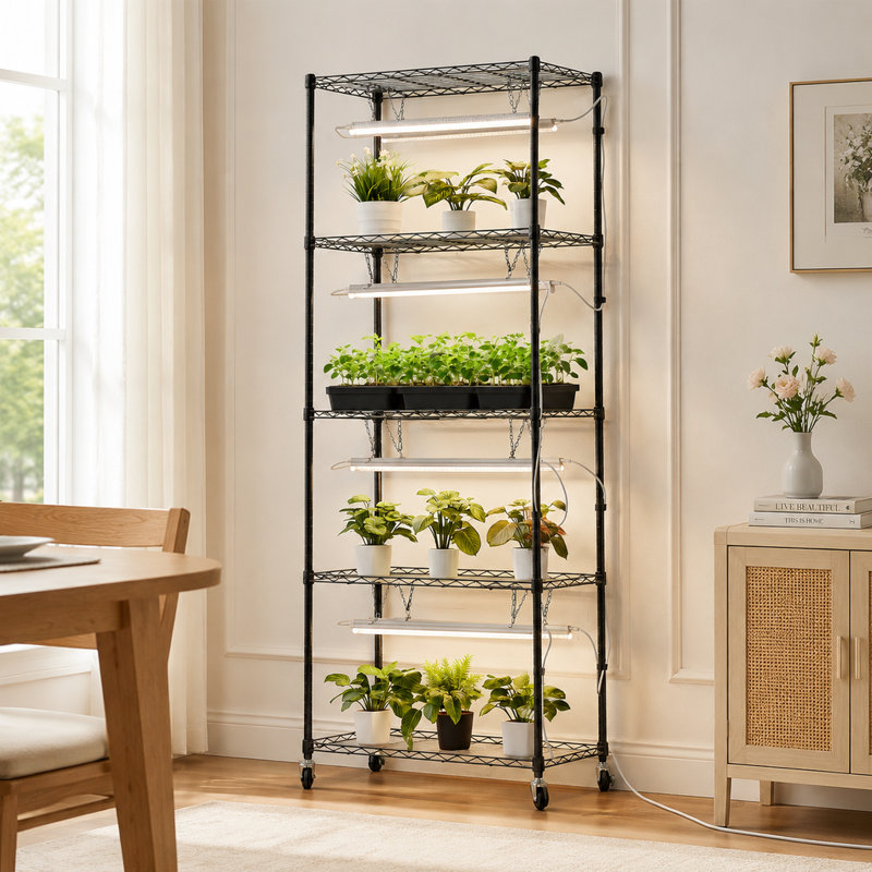 Étagère à plantes à 5 niveaux avec lampe de croissance, support pour plantes d'intérieur de 180 cm de haut avec roulettes et minuterie