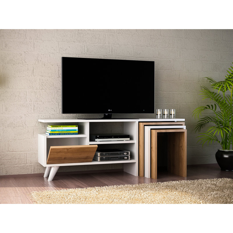 Meuble télé moderne avec design mural, finition blanche et noyer, 47,2 po x 19,3 po x 11,6 po | Panneau de particules 100% mélaminé, nombreuses tablettes | Comprend 3 tables basses (15,6 x 17,9 x 11,6 po, 13,4 x 16,9 x 11,6 po, 11,1 x 15,7 x 11,6 po)