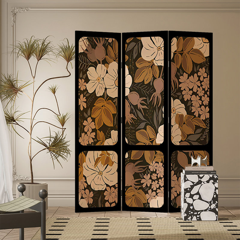 Paravent 3 panneaux en bois massif noir et toile pliante, H 70,87 po x l 47,24 po x P 1,97 po, 3