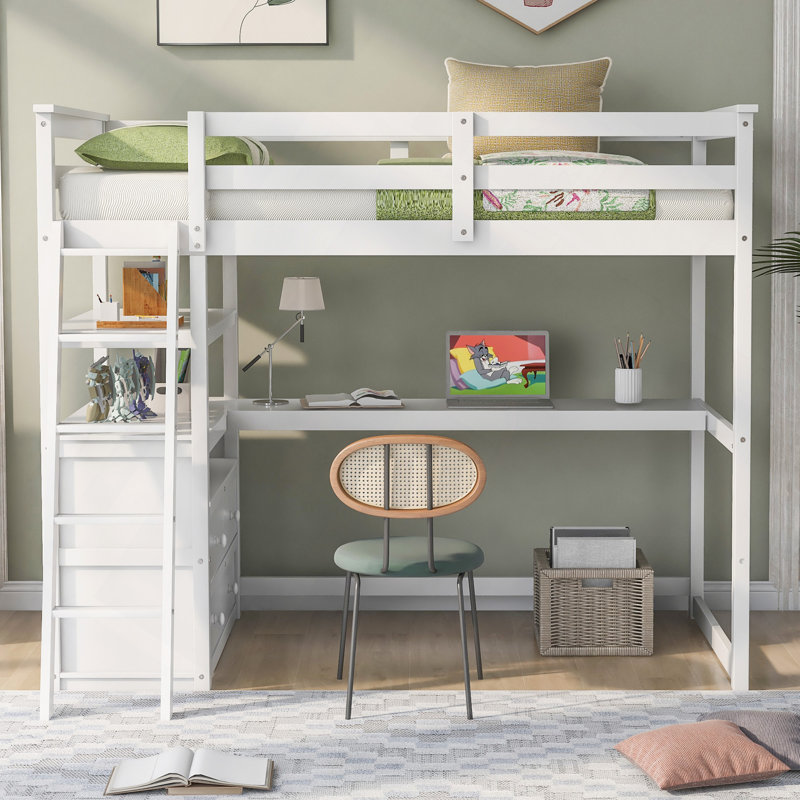 Lit mezzanine simple avec bureau et tablettes, deux tiroirs intégrés