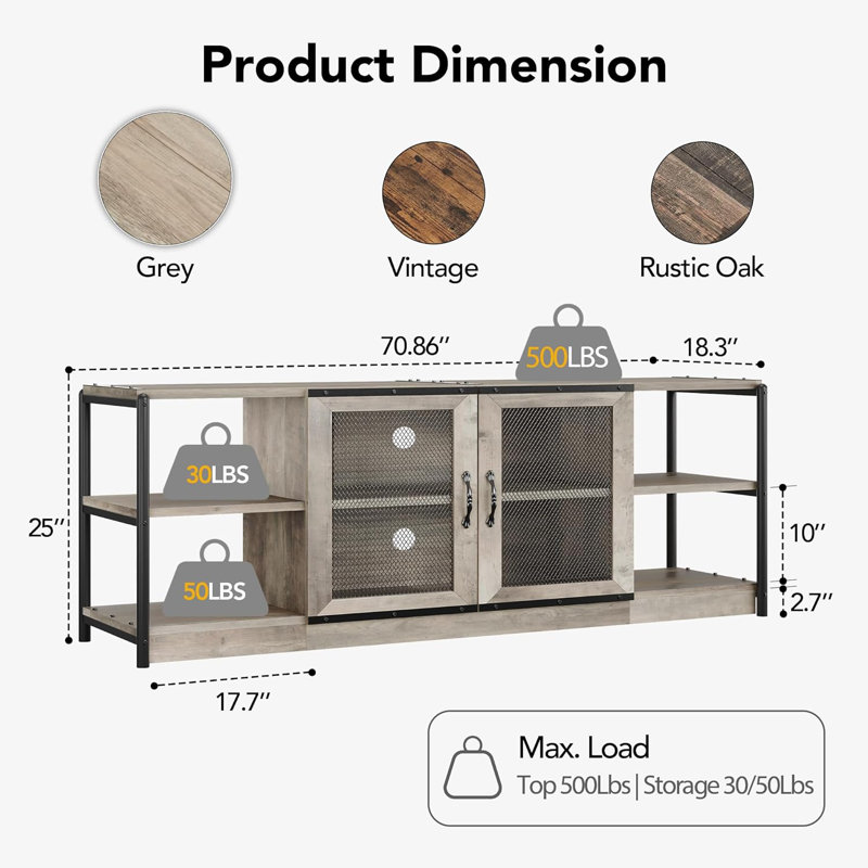 71''Industrial TV Stand for up to 80inch TV, Rustic Entertainment Center with Double Mesh Doors and Storage Cabinet,  TV Cabinet -Media Console Table for Living Room