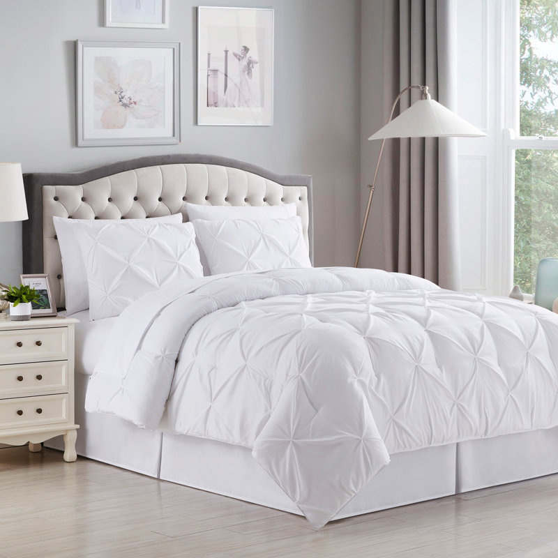 8 Piece Bed In A Bag Pintuck Comforter Set with Bed Sheets, White, Queen