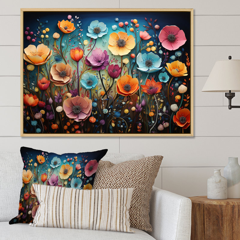 Fleurs colorées fantaisistes - Art mural fleurs sauvages, H 16 po x l 32 po x P 1 po, Cadre naturel flottant
