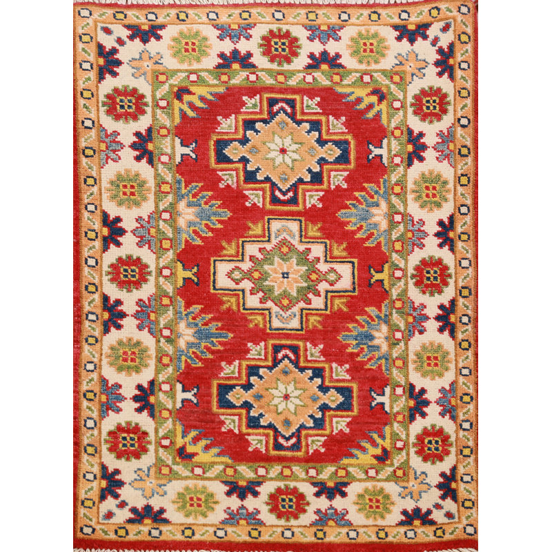 Tapis décoratif oriental fait à la main rouge Kazak 2x3