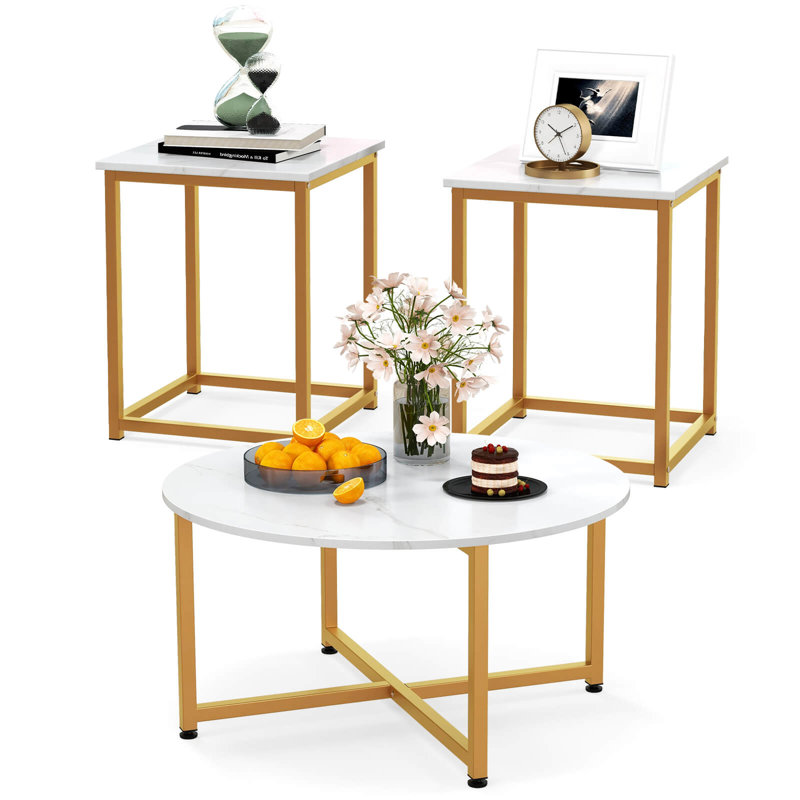 3 Pcs Coffee Table Set Round Coffee Table And 2pcs Square End Tables Metal Frame, Golden/White