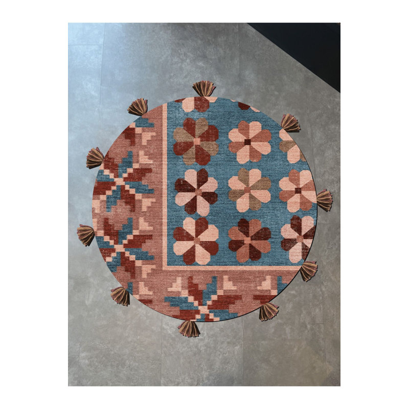 Tapis bleu lavable décoratif multicolore bleu, Sous-tapis rond 3 pi 3 po inclus