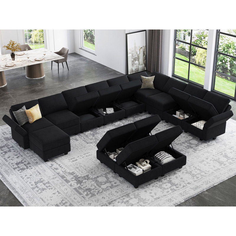 Wylodene U-Shaped Velvet Reversible Modular Sectional, Black Velvet
