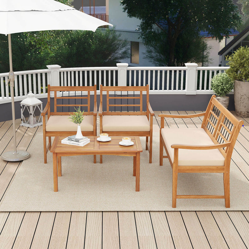 4 Pcs Wood Patio Furniture Set With Soft Seat Cushions Solid Acacia Wood Frame, Off White