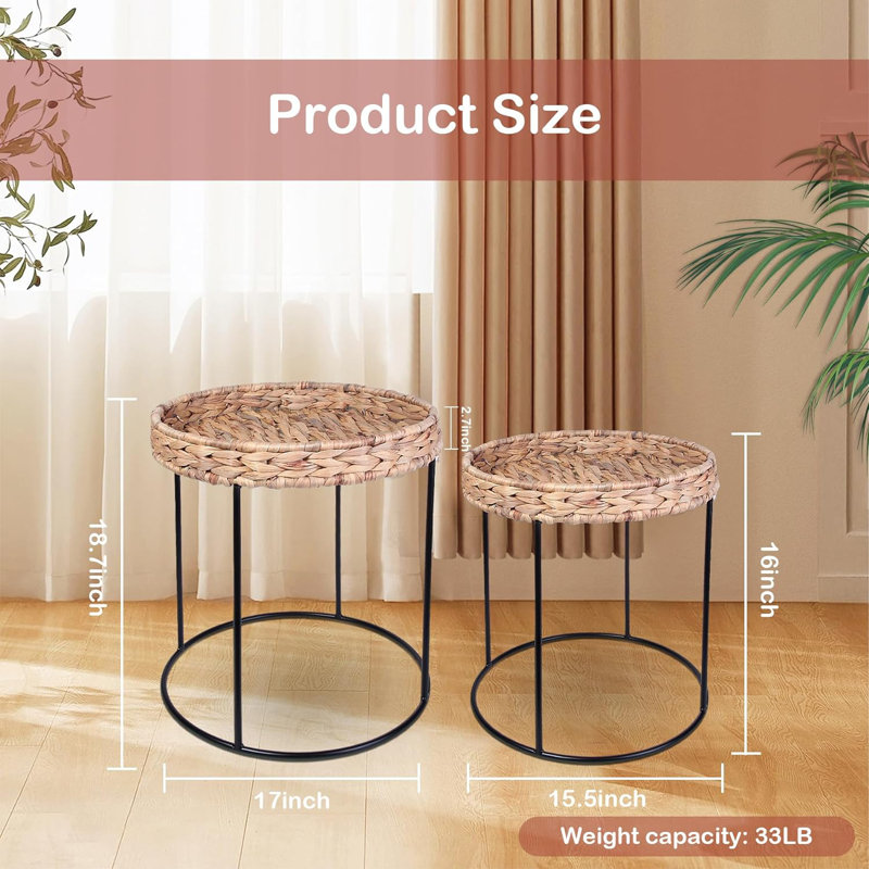 Natural Water Hyacinth Nesting End Table Set Of 2, Hand-Woven Side Tables,Small Round Nesting Coffee Table 17" & 15.5"Desktop