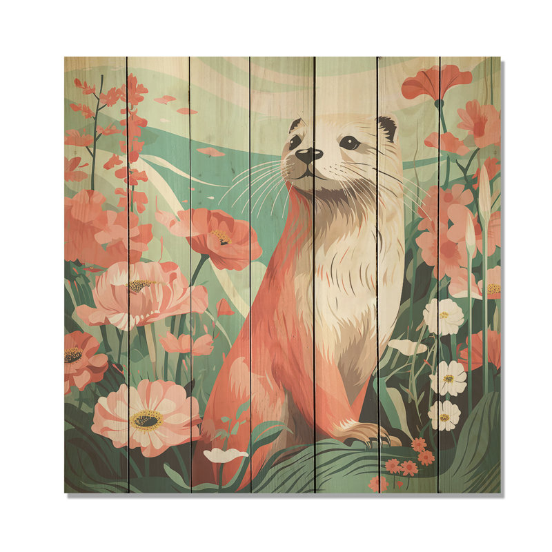 Loutre ludique en fleurs I - loutre sur bois, H 36 po x l 36 po