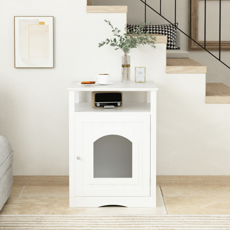 Enclos pour bac à litière blanc pour chat - Maison d'intérieur en bois avec bac dissimulé, étagère fonctionnelle, crochet latéral et structure, table moderne pour salon ou chambre à coucher en blanc, crochet d'étagère.