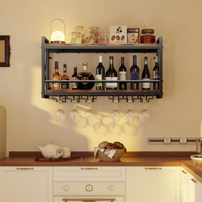 Wall Mounted Wine Rack, Bottle & Glass Holder Wood-Metal Retro Wine Rack, Wine Bottles Display Wall Storage For Kitchen Dining Room Home Bar