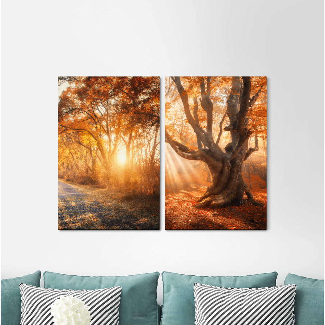 2-tlg. Leinwandbilder-Set - Fotografie „Forest Autumn Golden Foliage Sun Rays Warm Light Idyllic”