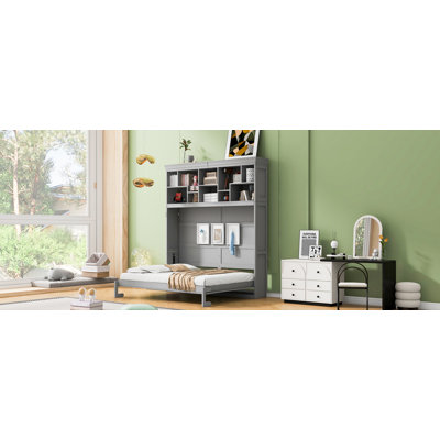 Grand lit escamotable mural avec tablettes supérieures et USB, gris