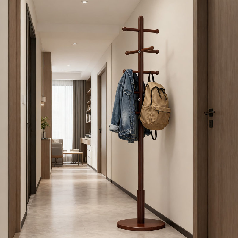 Portemanteau autoportant en bois massif avec 10 crochets, 3 portemanteaux à hauteur ajustable pour vestibule, chambre à coucher, bureau, manteaux, chapeaux, sacs