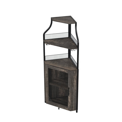 Corner Wine Cabinet with Wine Rack & Glass Holder - 5 Tier Modern Industrial Bar Cabinet for Kitchen, Living Room & Dining Room, Rustic Oak
