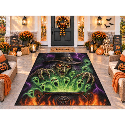 Tapis d'extérieur 152 x 213 cm (5 pi x 7 pi) motif Halloween, chaudron et sorcière, en PVC épais, imperméable et bouclé, idéal pour terrasse, balcon, entrée ou porche. Séchage rapide.