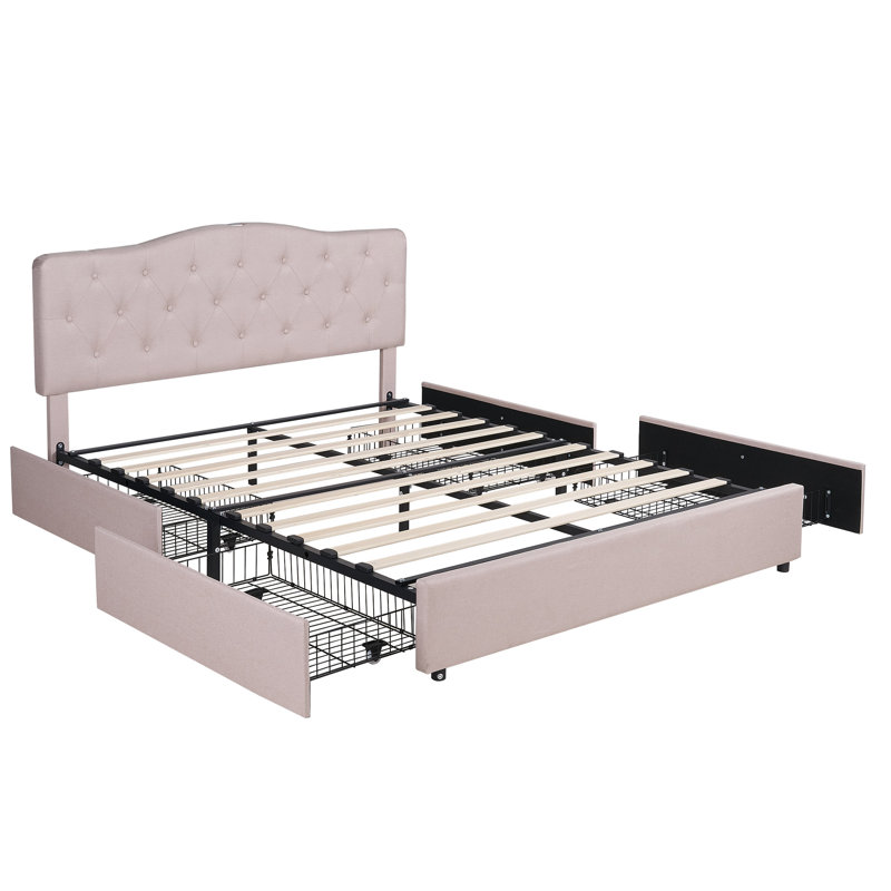 Base de lit tapissier avec 4 tiroirs de rangement et tête de lit courbée Kempst, sommier à lattes en bois, Grand