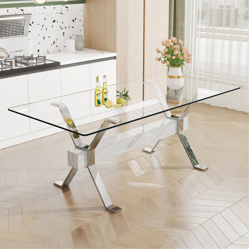 Table de salle à manger moderne en verre trempé avec pieds en métal robustes et barres transversales en panneau de fibres à densité moyenne, polyvalente pour la maison et le bureau